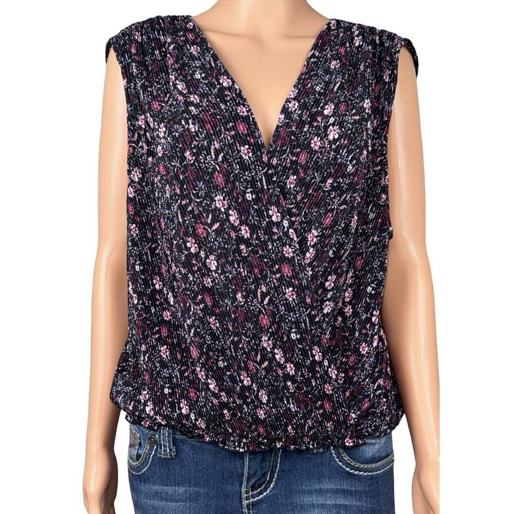 Bobeau Womens Large Top Surplice Wrap Black Floral Print Sleeveless Pre-Owned